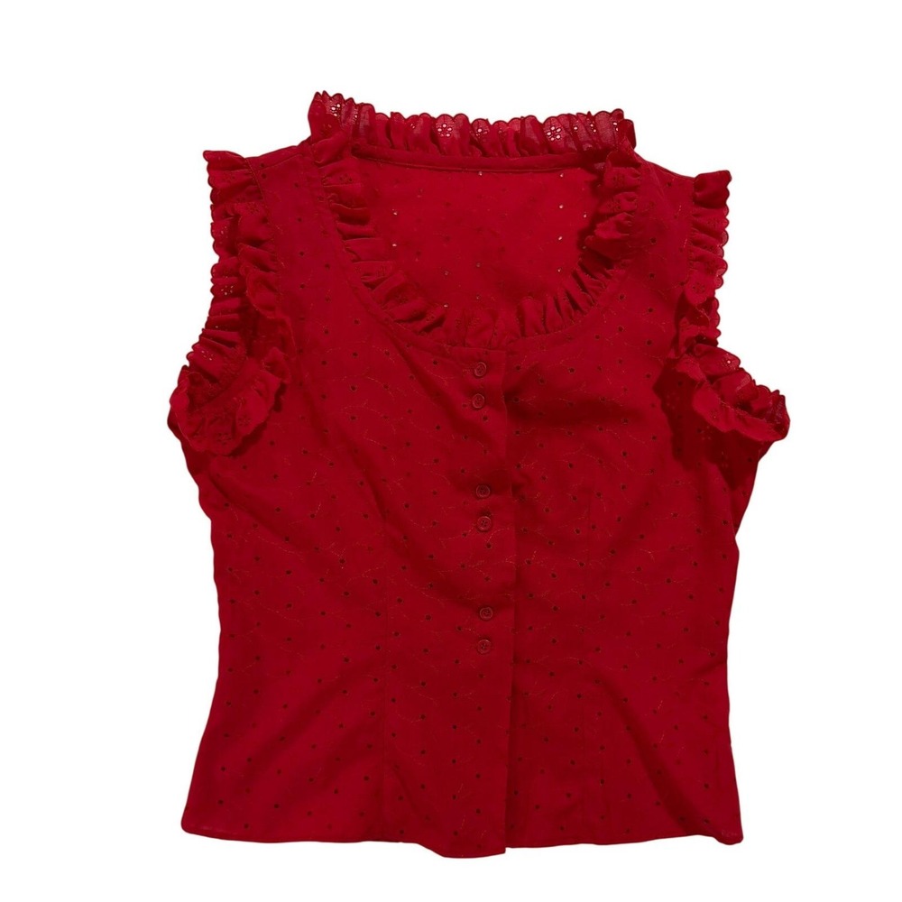 Karman Red Eyelet Ruffle Sleeveless Blouse Top USA Made Size 11/12 Vintage 90s